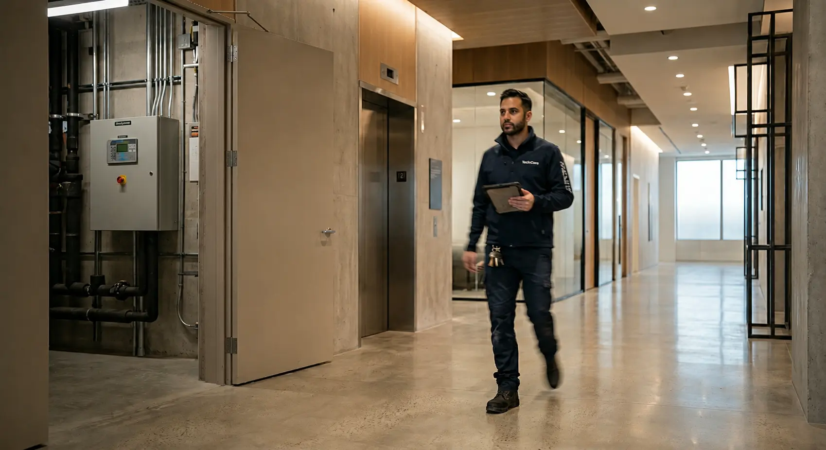 Facilities technician walking the corridor with a tablet